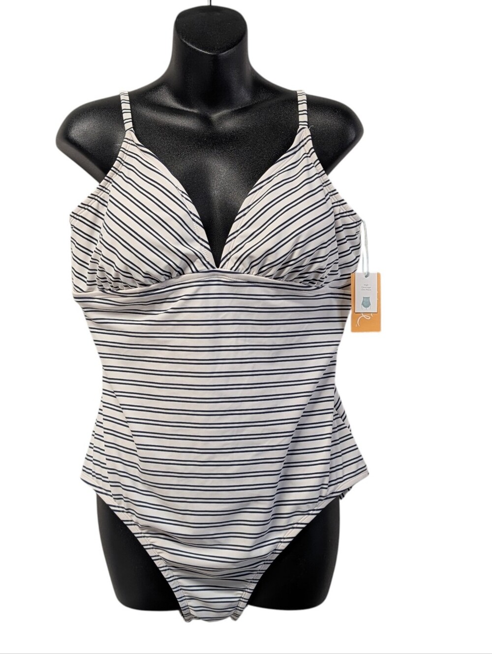 Kona Sol Striped Twist Front High Waist One Piece Swimsuit Navy White Sz XL NWT